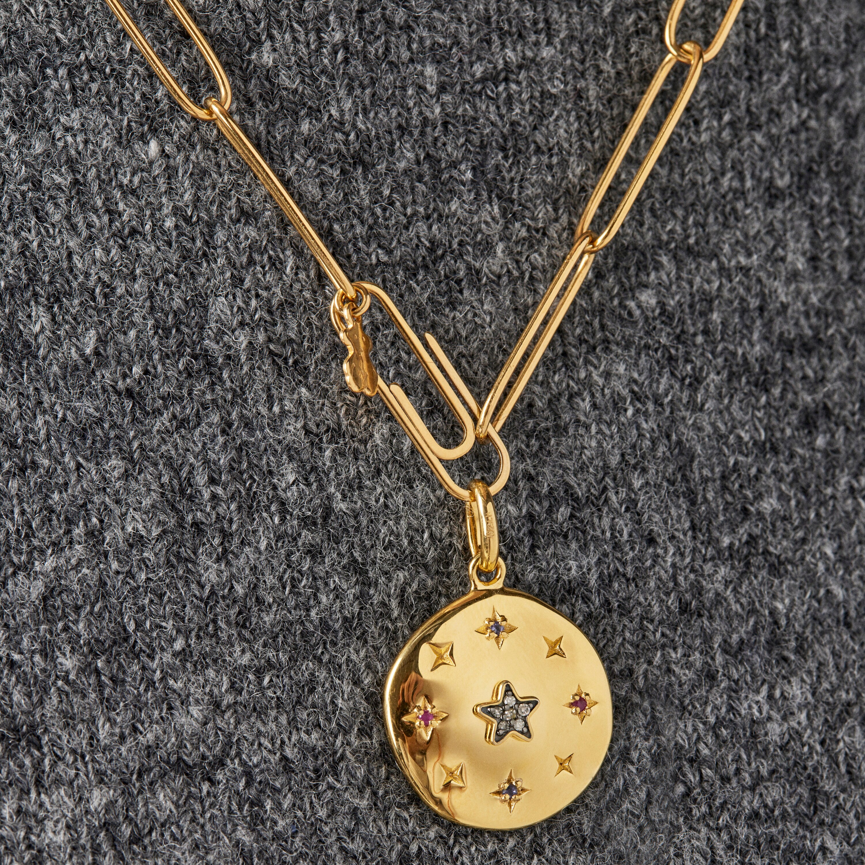 Large silver vermeil Magic Nature disc Pendant with gemstones and diamonds