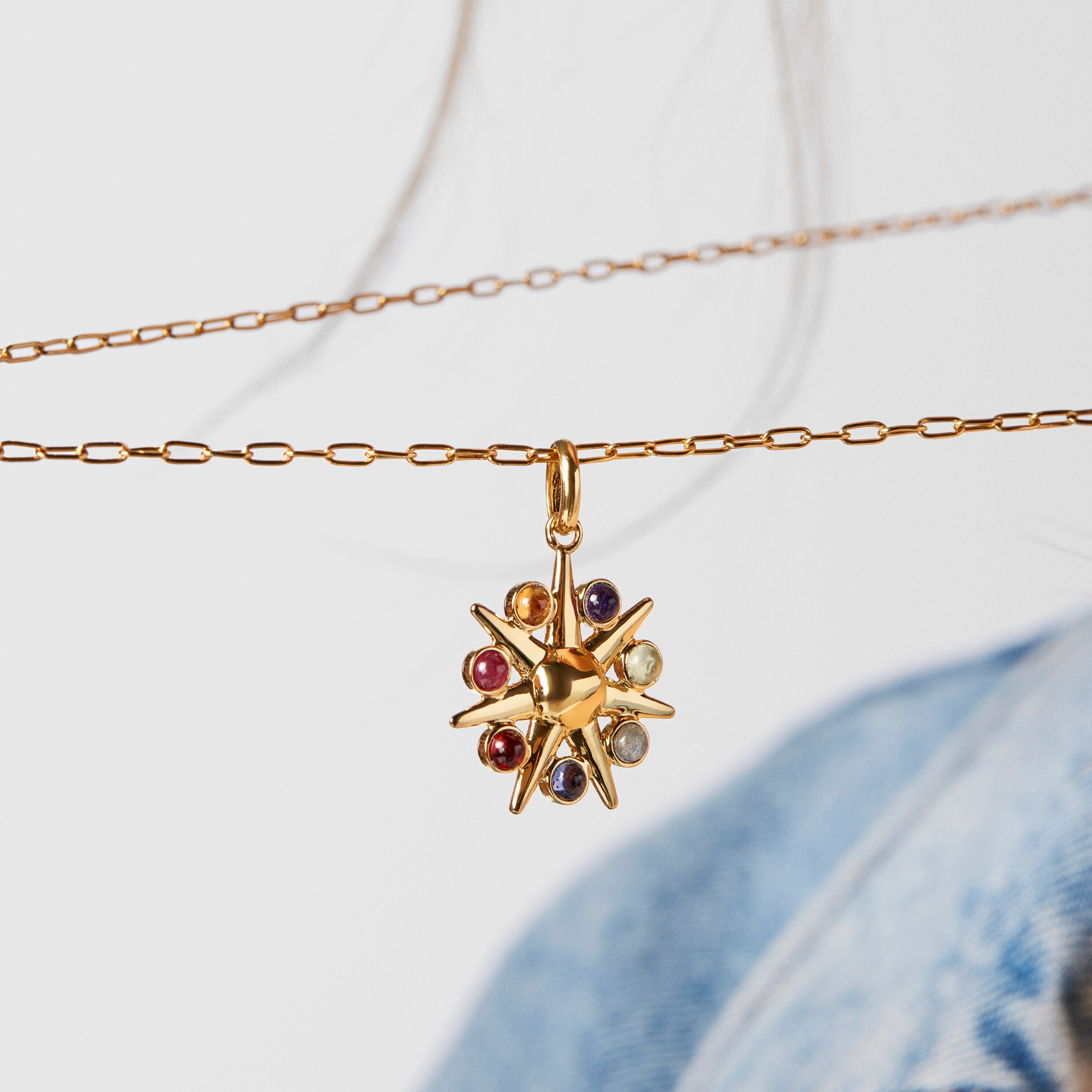 18K gold vermeil Magic Nature sun Pendant with gemstones