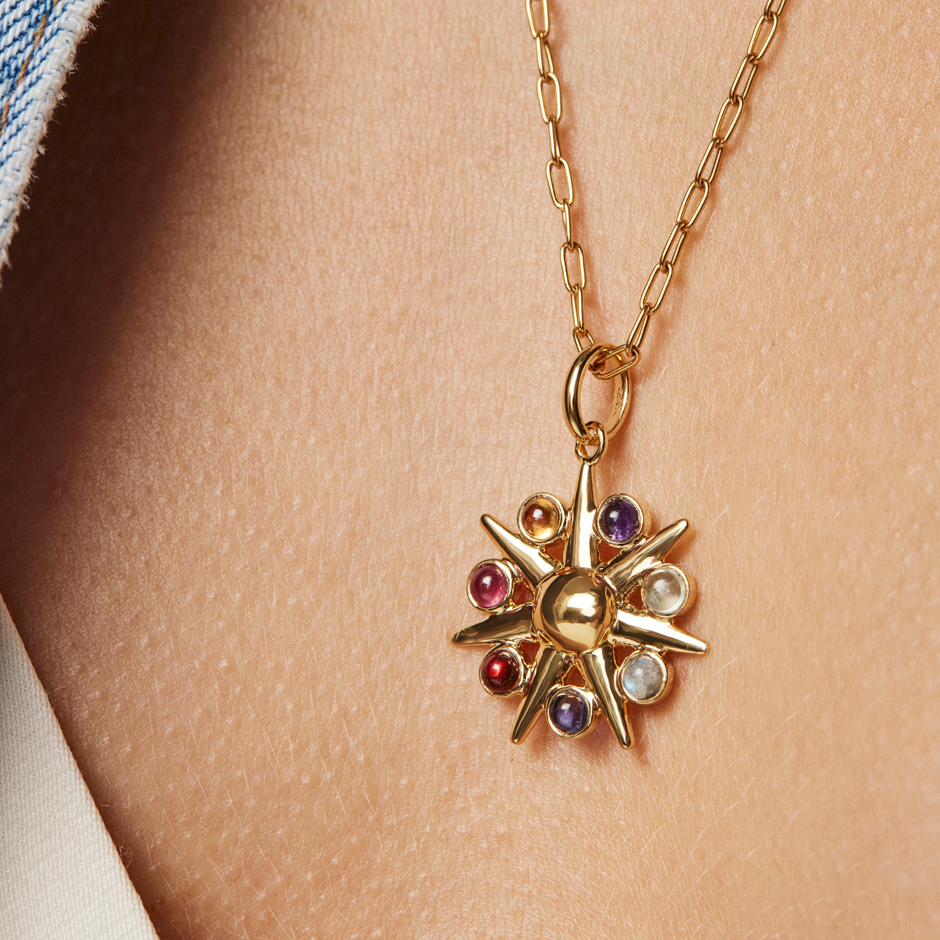 18K gold vermeil Magic Nature sun Pendant with gemstones