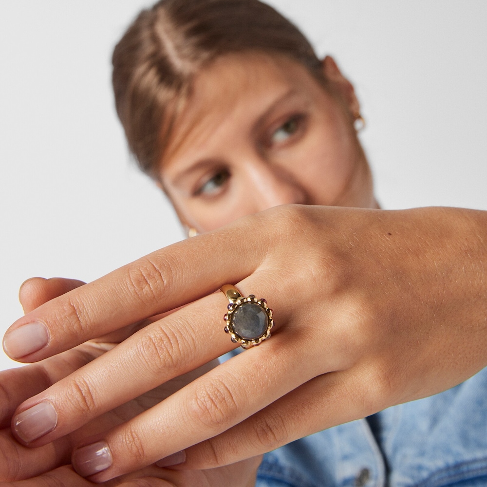 Anello con placcatura in oro 18 kt su argento, labradorite e gemme Magic Nature