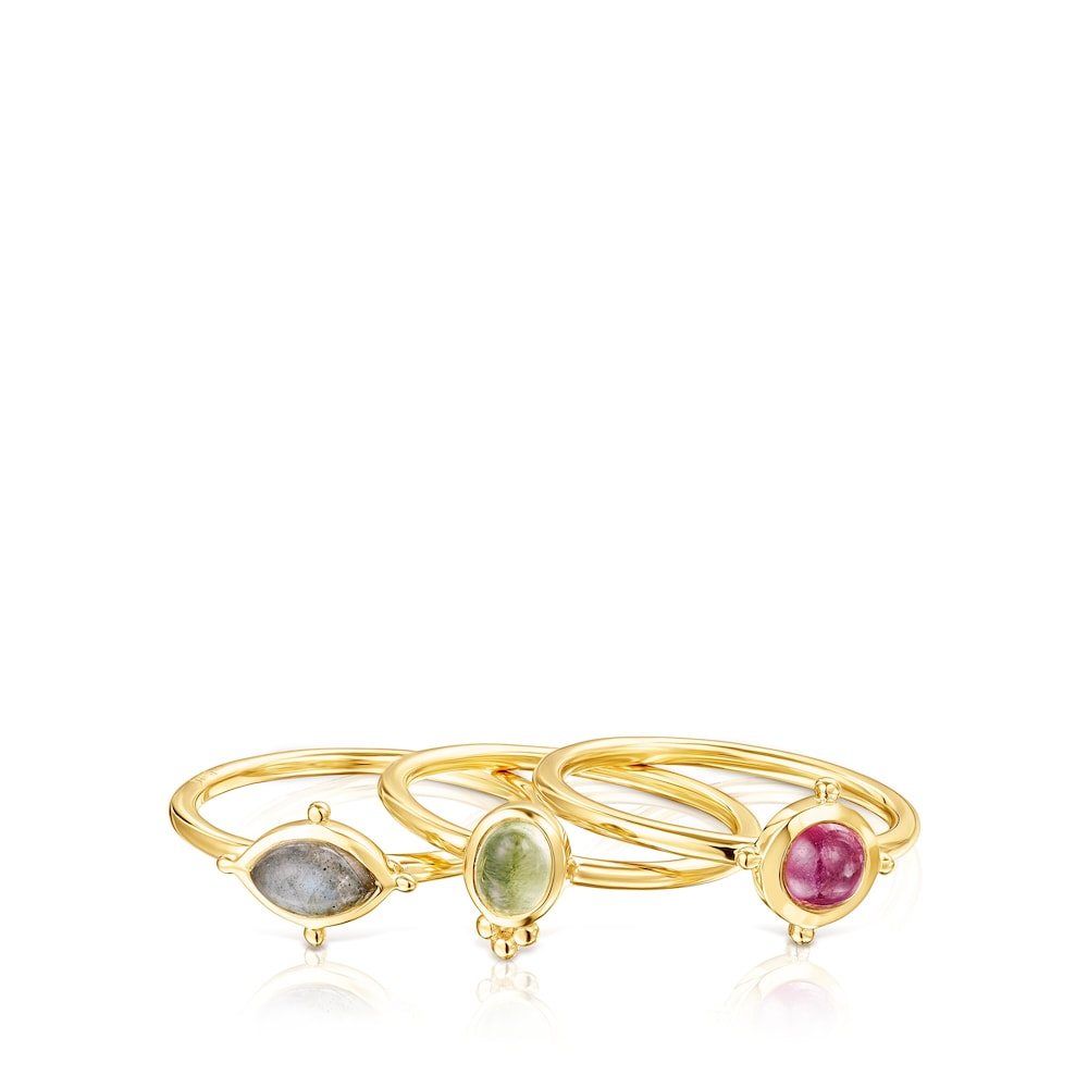 Pack de anillos con ba&ntilde;o de oro 18 kt sobre plata y gemas Magic Nature