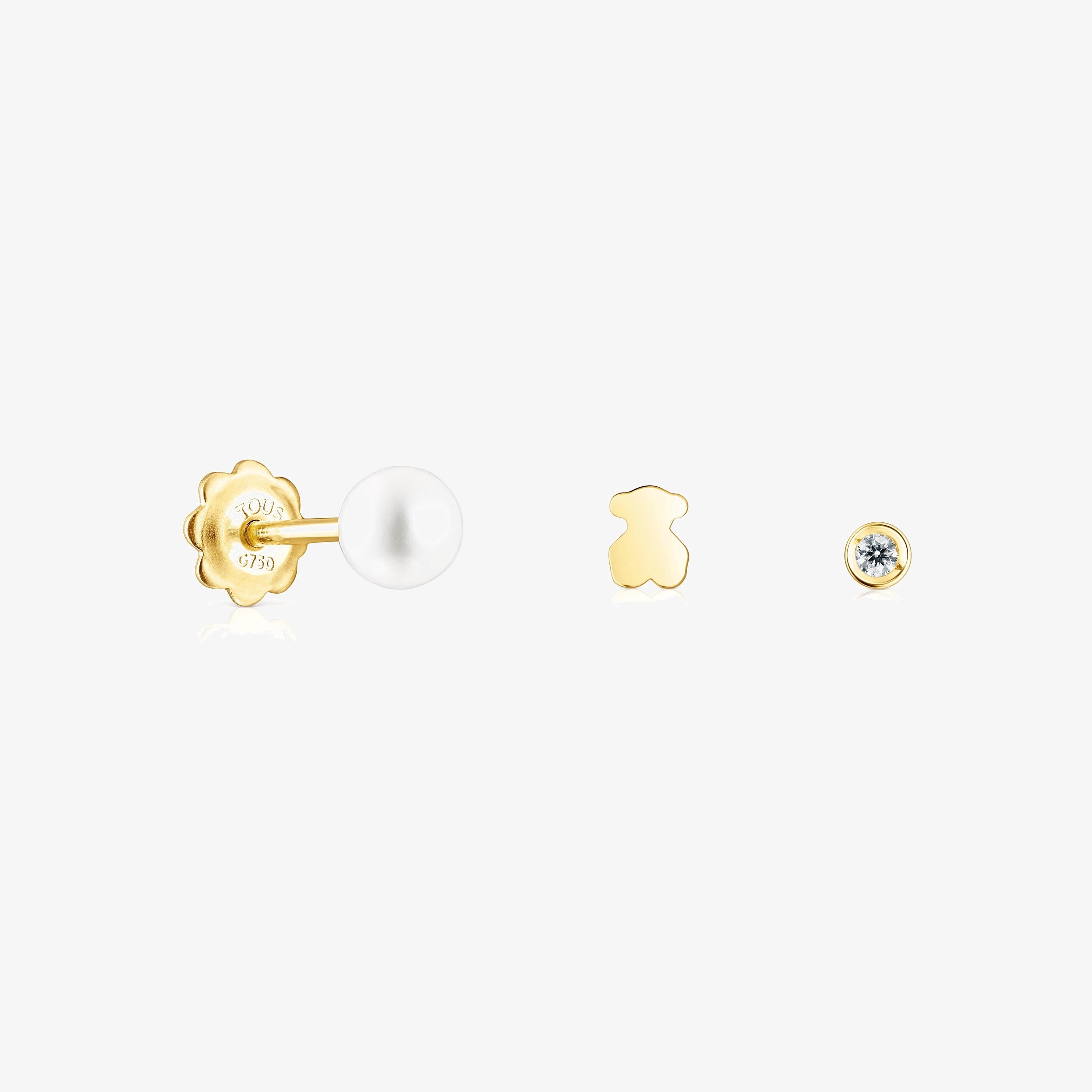 Pack of 18K solid gold TOUS Pearl ear Piercings with diamond and pearl