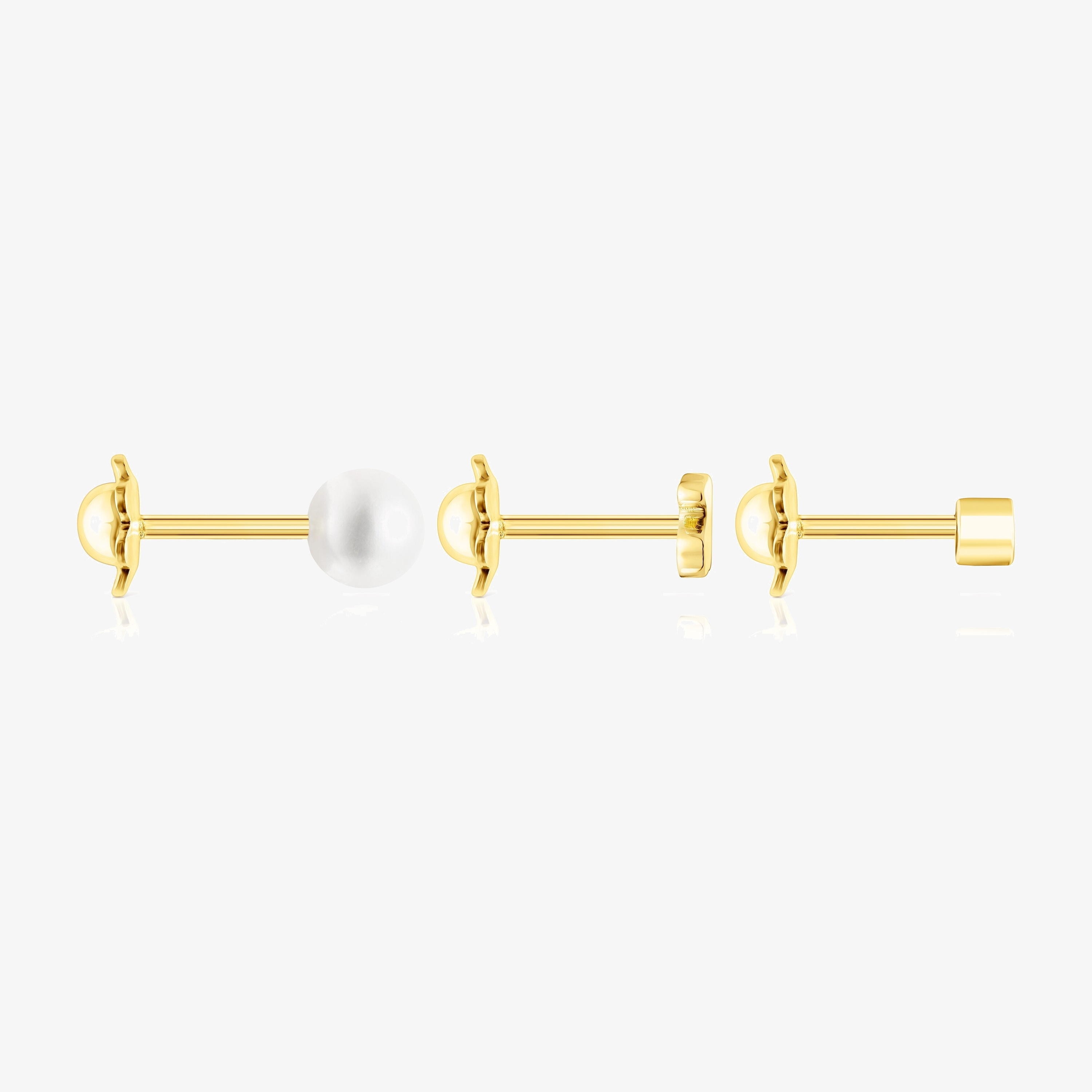 Pack of 18K solid gold TOUS Pearl ear Piercings with diamond and pearl