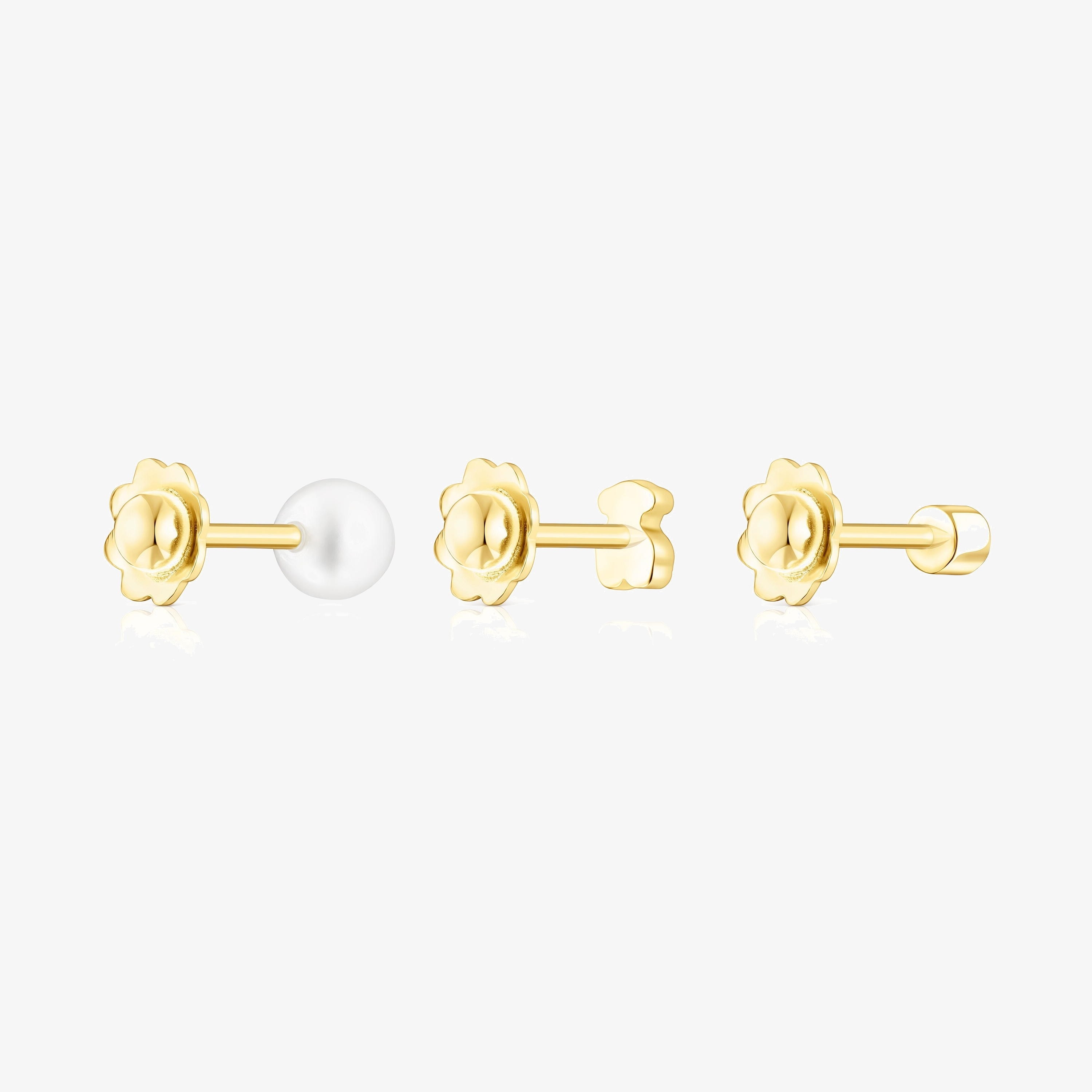 Pack of 18K solid gold TOUS Pearl ear Piercings with diamond and pearl