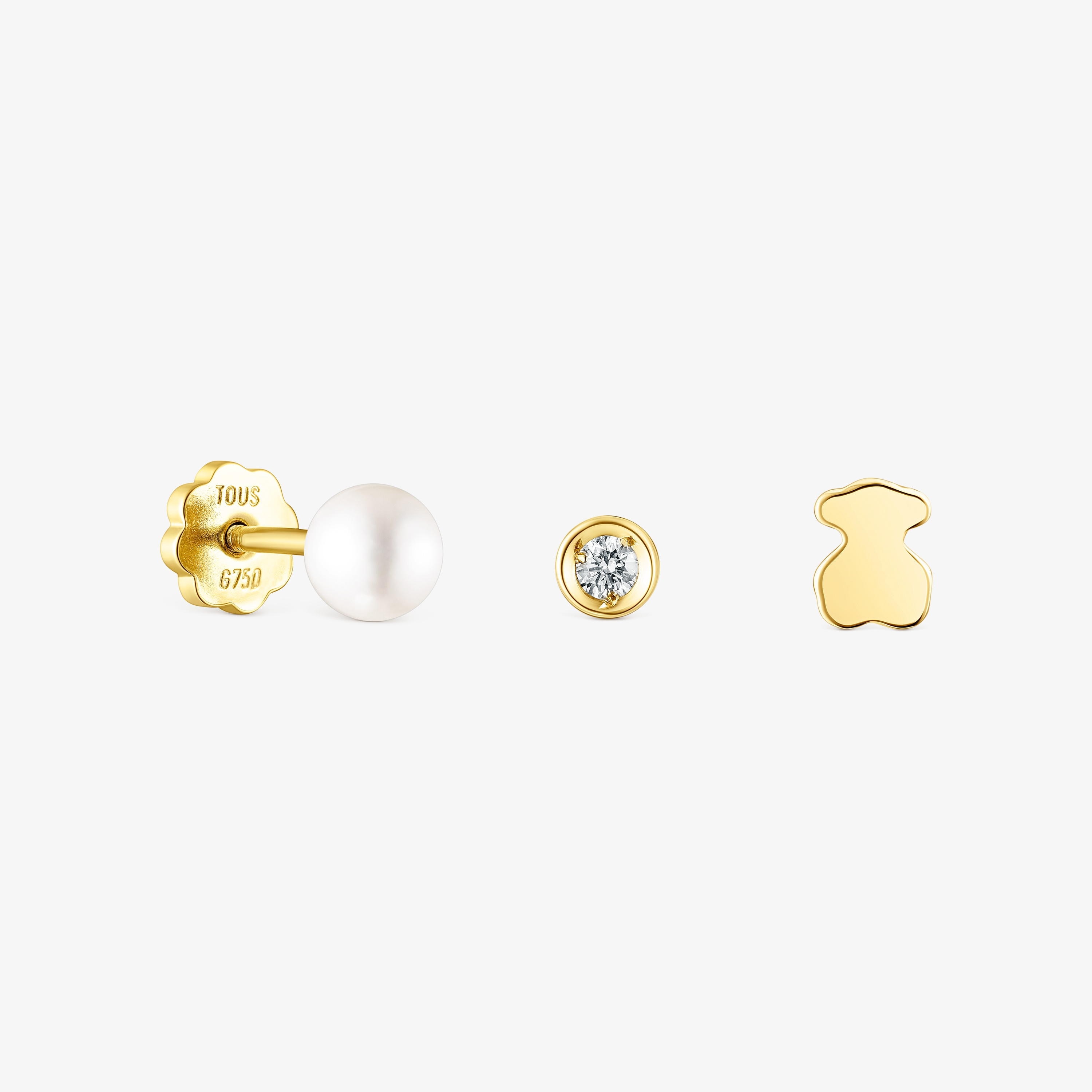 Pack of 18K solid gold TOUS Pearl ear Piercings with diamond and pearl