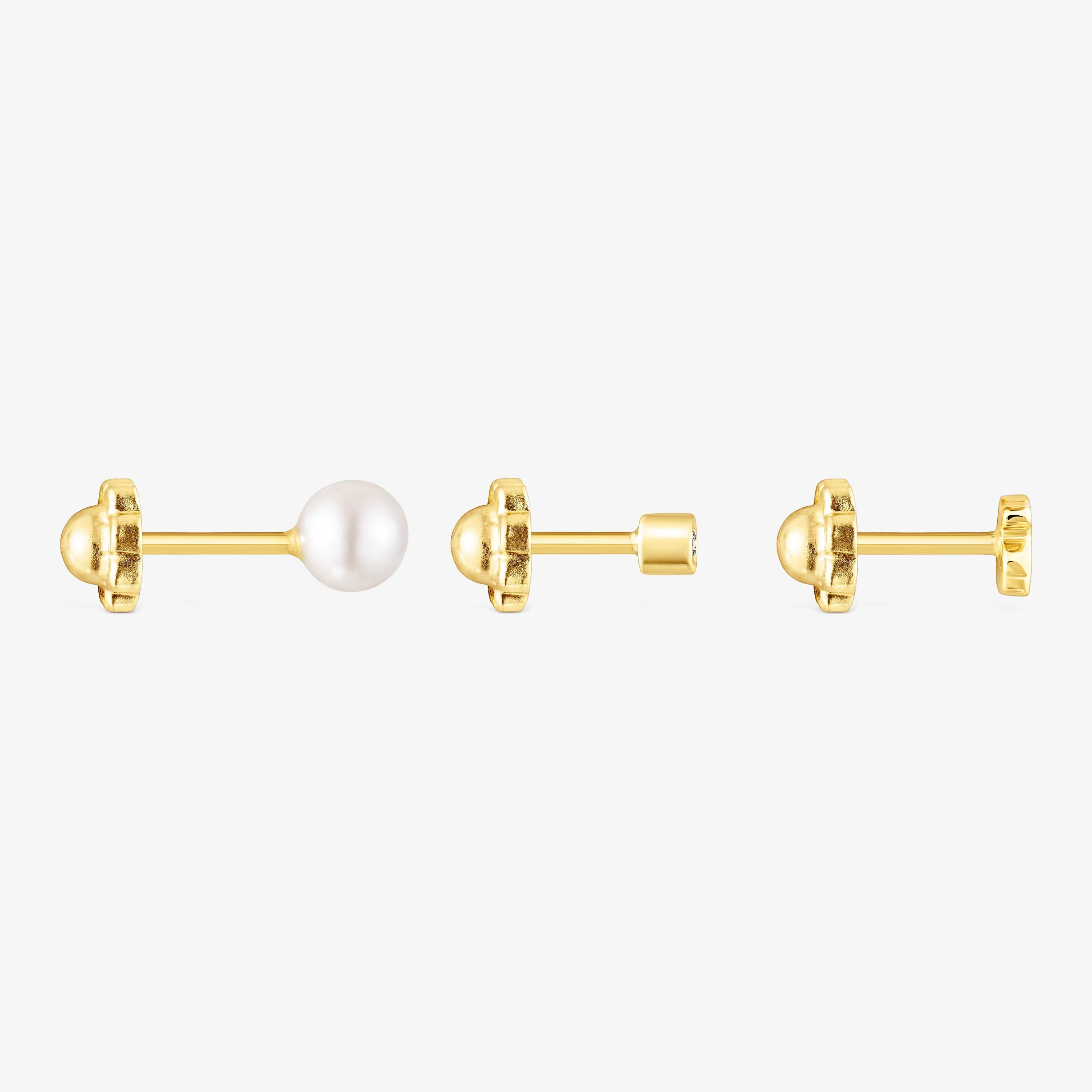 Pack of 18K solid gold TOUS Pearl ear Piercings with diamond and pearl