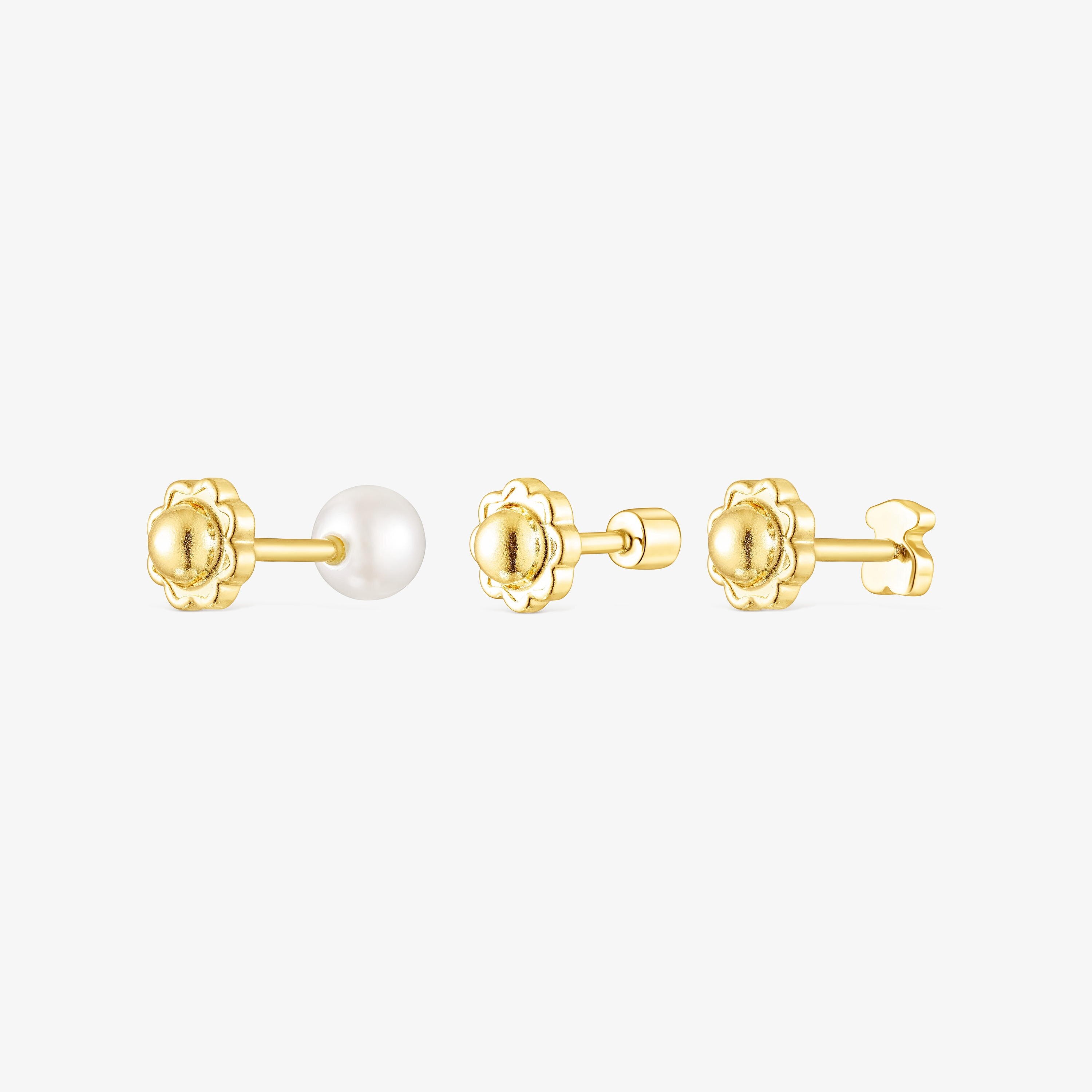 Pack of 18K solid gold TOUS Pearl ear Piercings with diamond and pearl