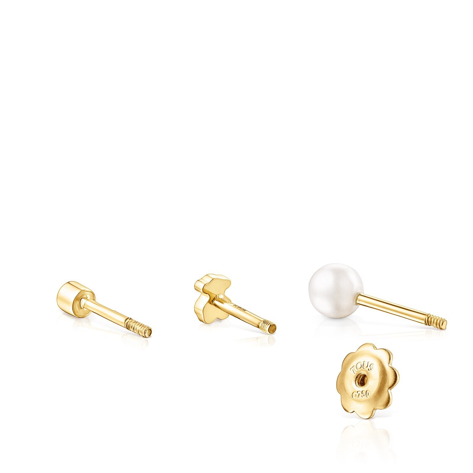 Pack of 18K solid gold TOUS Pearl ear Piercings with diamond and pearl