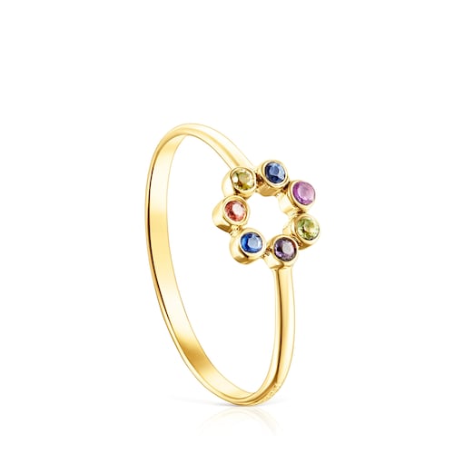 Gold Straight Color disc Ring with Gemstones