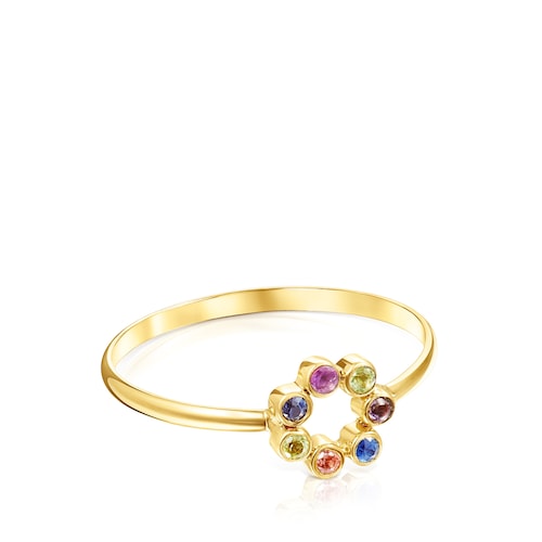 Gold Straight Color disc Ring with Gemstones