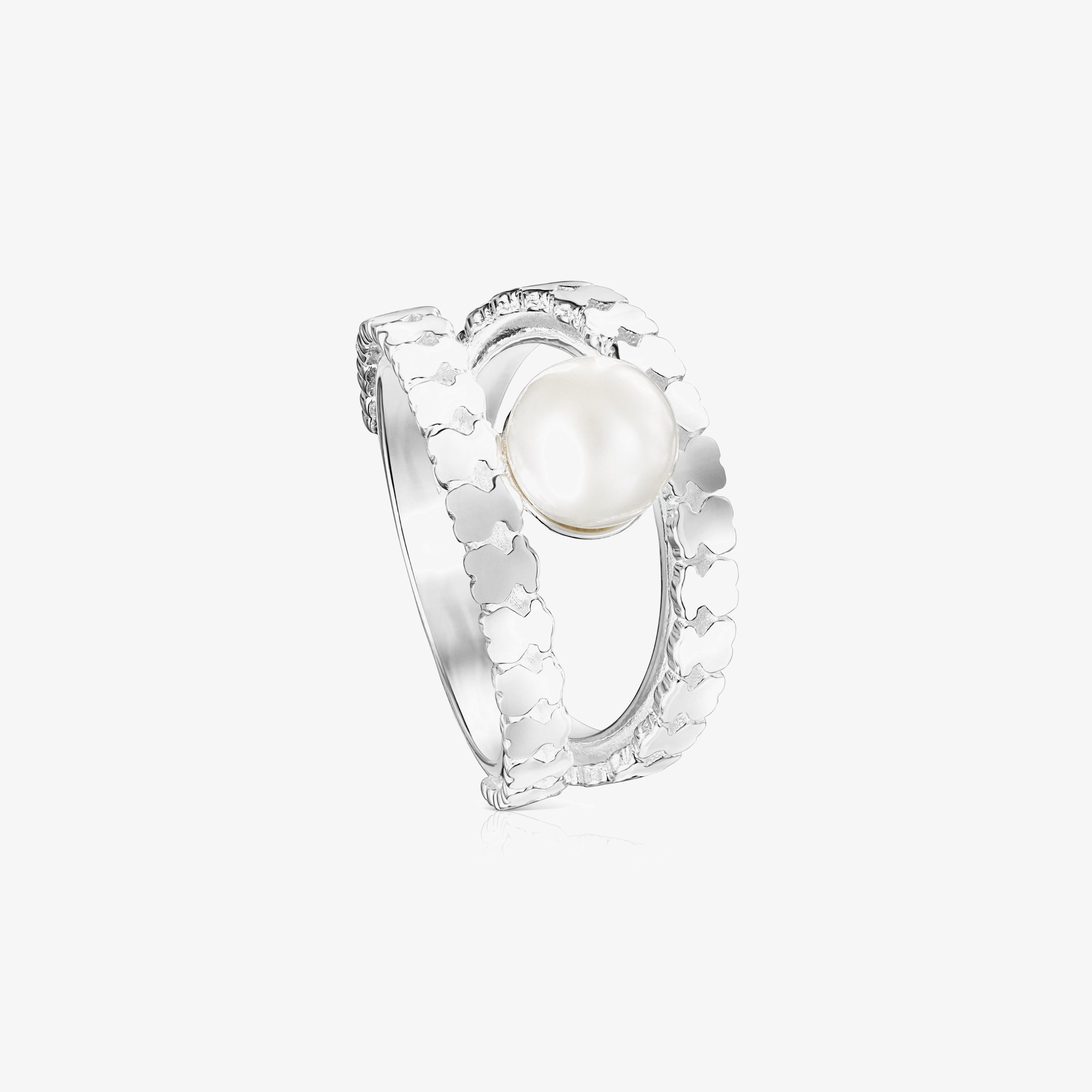 Silver Straight strips Ring with Pearl