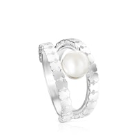 Silver Straight strips Ring with Pearl