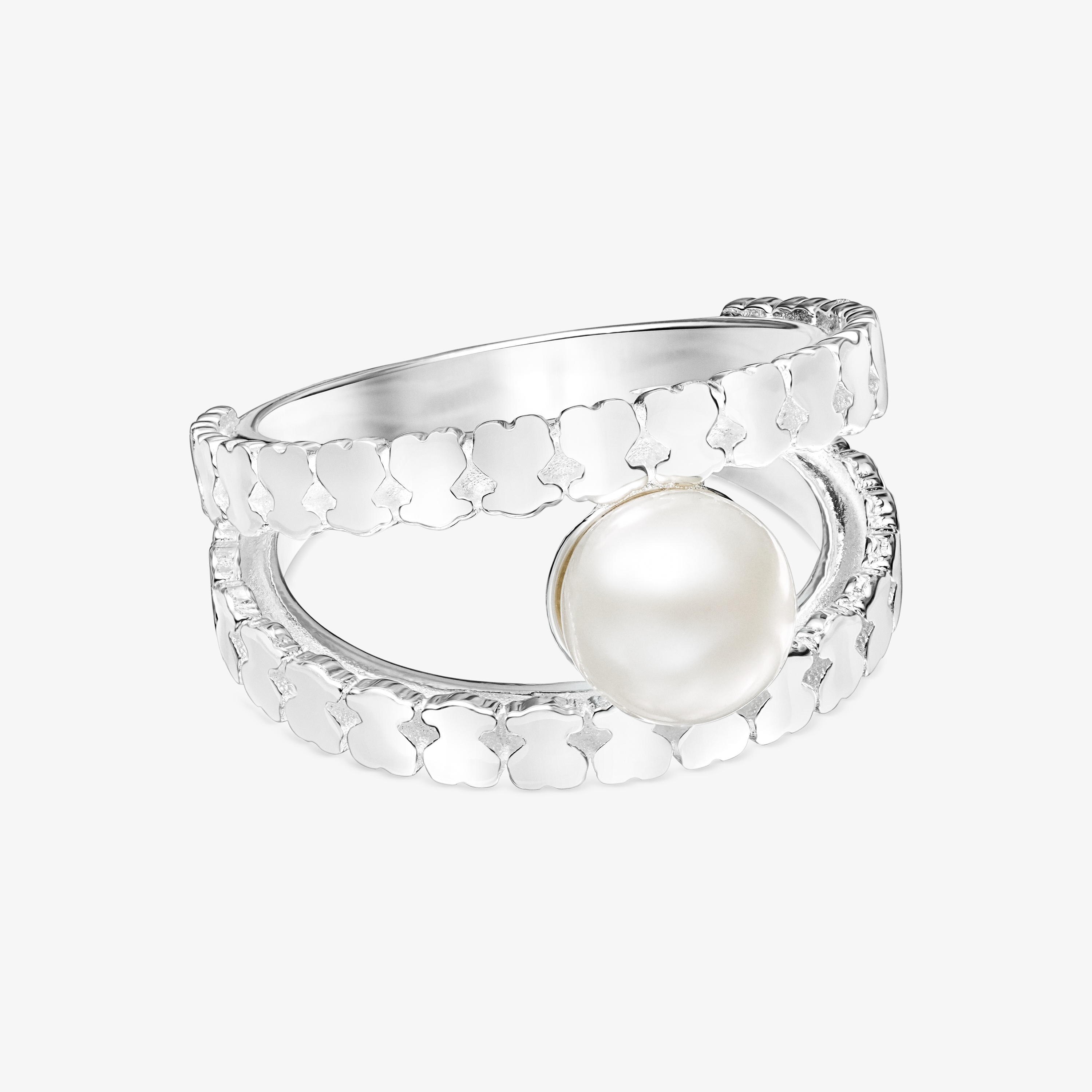 Silver Straight strips Ring with Pearl