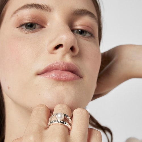 Silver Straight strips Ring with Pearl