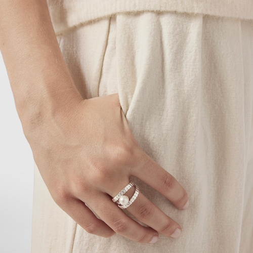 Silver Straight strips Ring with Pearl