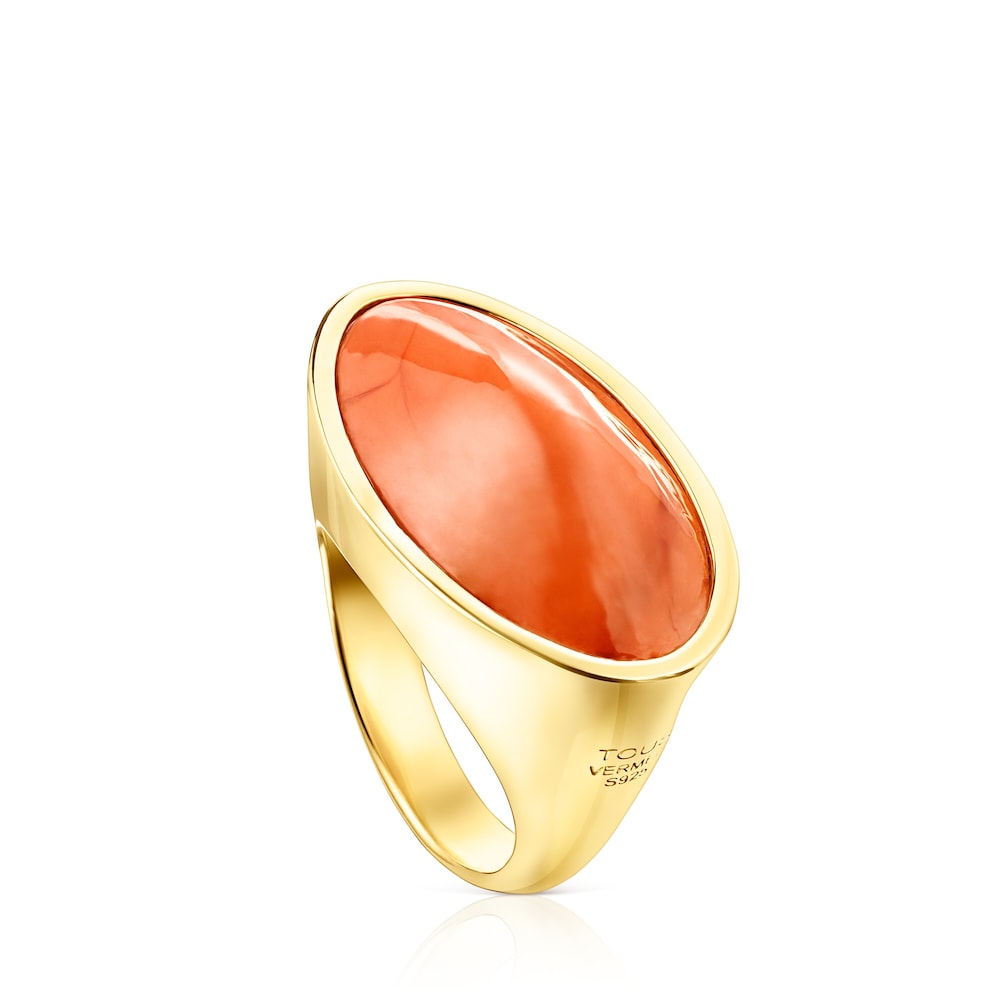 Anillo Cocktail con ba&ntilde;o de oro 18 kt sobre plata y glass naranja
