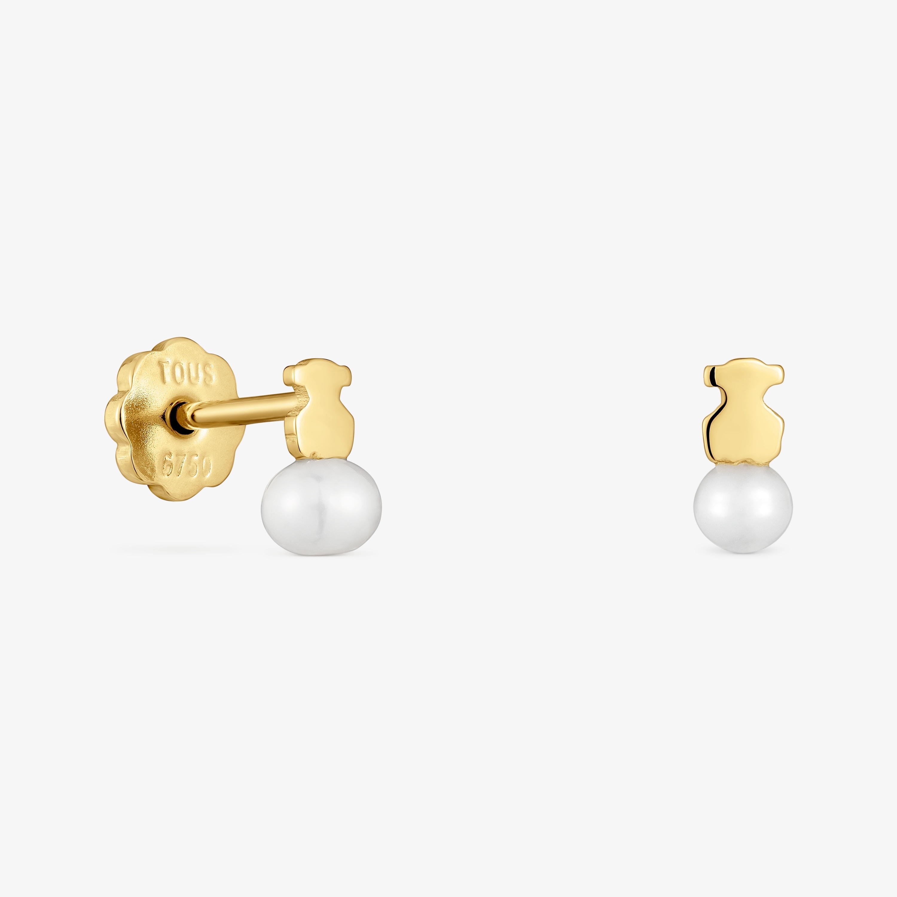 18K solid gold Puppies Earrings with bear motif with a cultured pearl