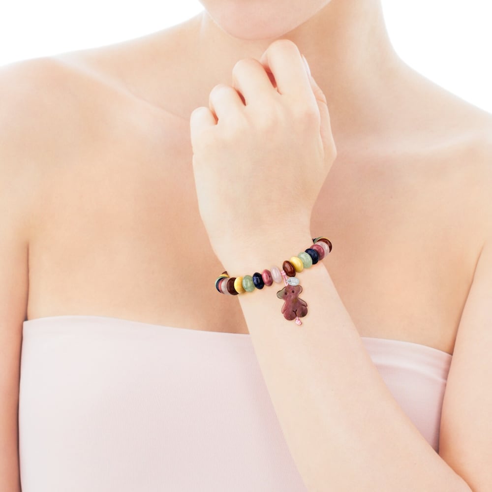 Silver TOUS Color Bracelet with chalcedony Bear motif and multicolor gemstones