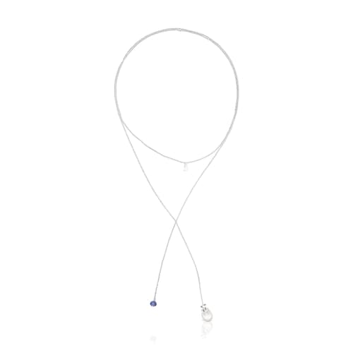 Colar aberto Teddy Bear Gems em prata, p&eacute;rola e tanzanite