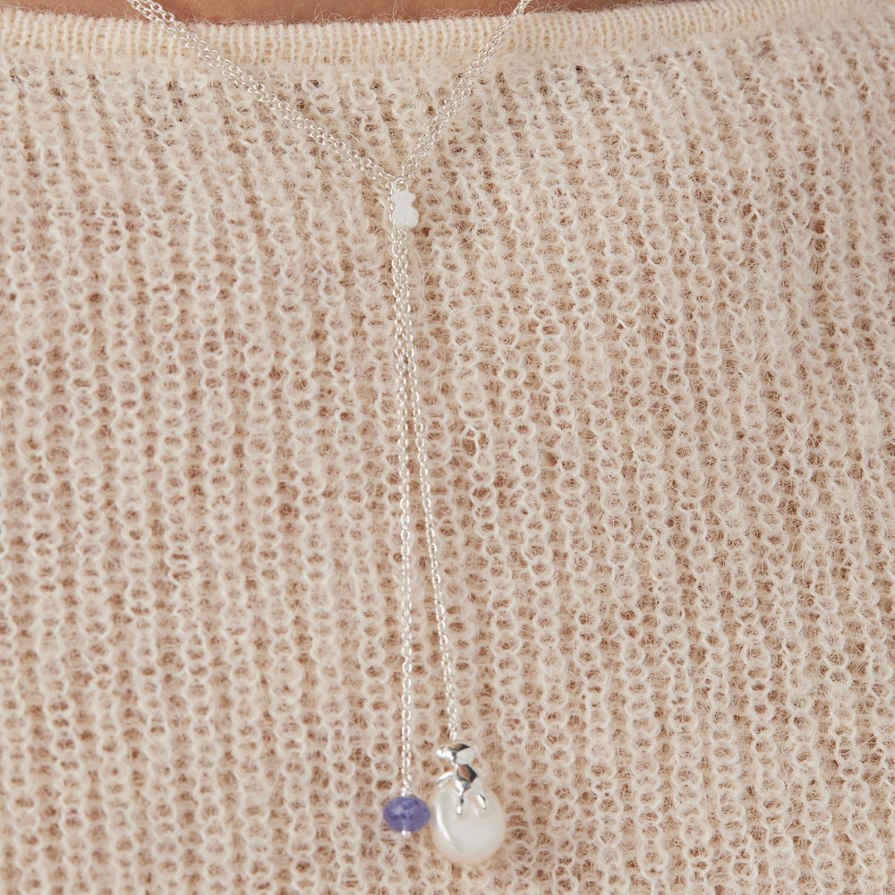 Silver Teddy Bear Gems open Necklace with pearl and tanzanite