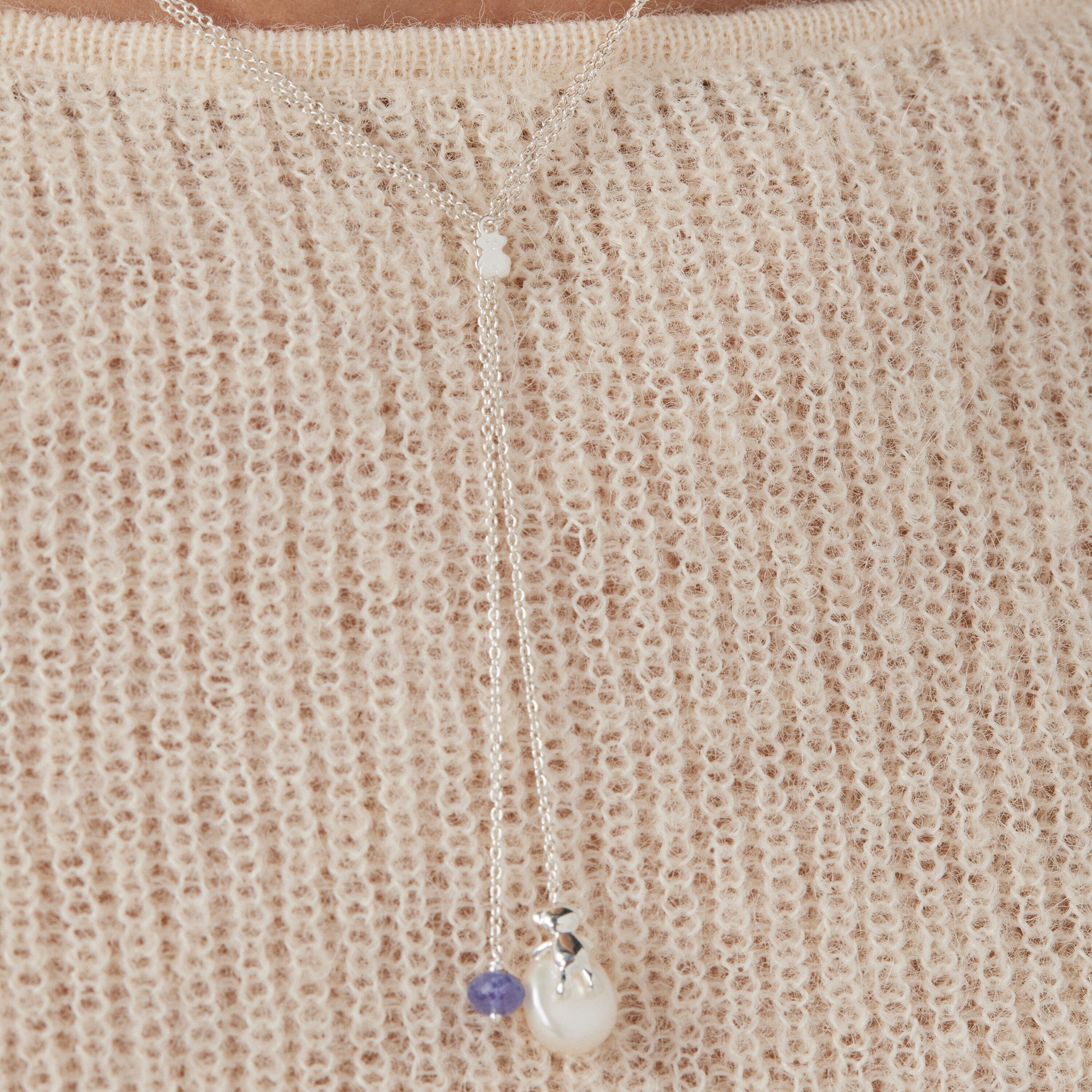 Silver Teddy Bear Gems open Necklace with pearl and tanzanite