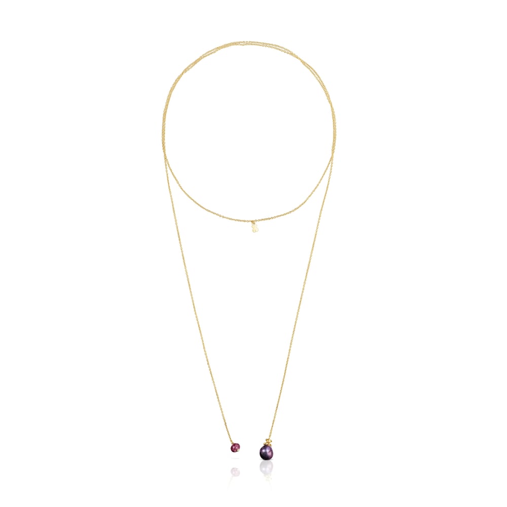 Tous Teddy Bear Gems &ndash; N&aacute;hrdeln&iacute;k zo žlt&eacute;ho striebra Vermeil so &scaron;edou barokovou perlou a rub&iacute;nom