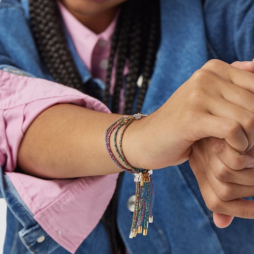 Pulseira TOUS Good Vibes trevo em Prata Vermeil e cordão multicolor