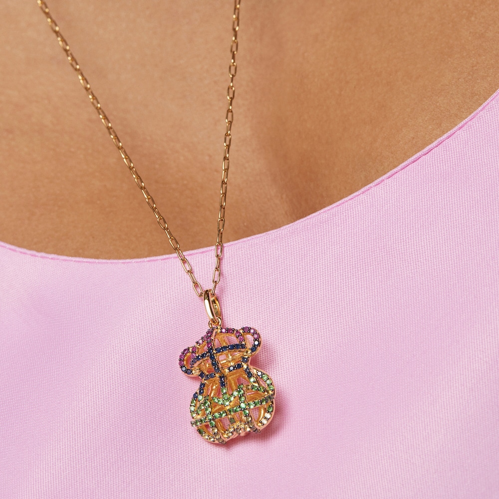 Dije grande Costura con ba&ntilde;o de oro 18 kt sobre plata y gemas