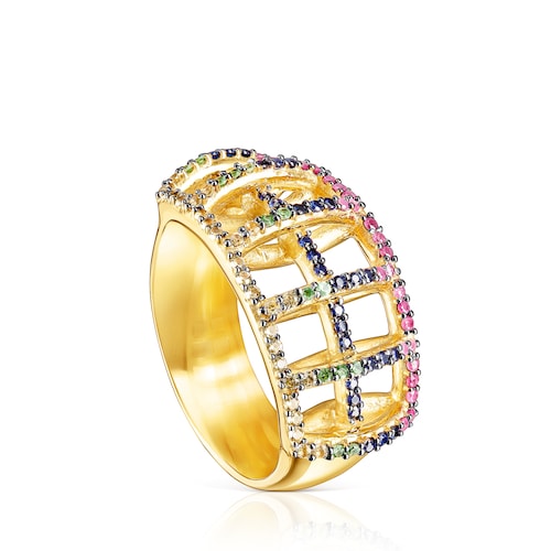 Anillo Costura con ba&ntilde;o de oro 18 kt sobre plata y gemas