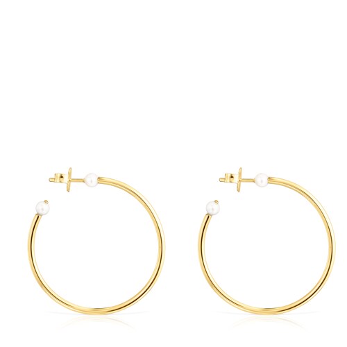 Aretes grandes Batala con baño de oro 18 kt sobre plata con Perla