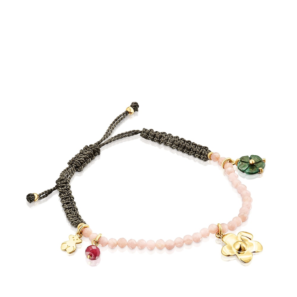 Pulsera Fragile Nature con ba&ntilde;o de oro 18 kt sobre plata, gemas y cord&oacute;n