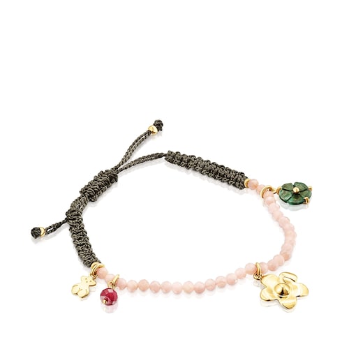 Pulsera Fragile Nature con ba&ntilde;o de oro 18 kt sobre plata, gemas y cord&oacute;n
