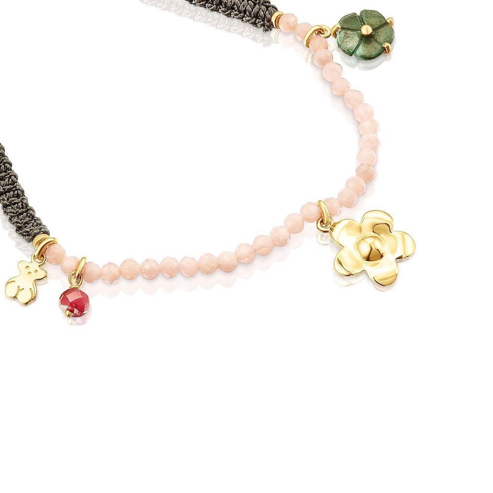Pulsera Fragile Nature con ba&ntilde;o de oro 18 kt sobre plata, gemas y cord&oacute;n