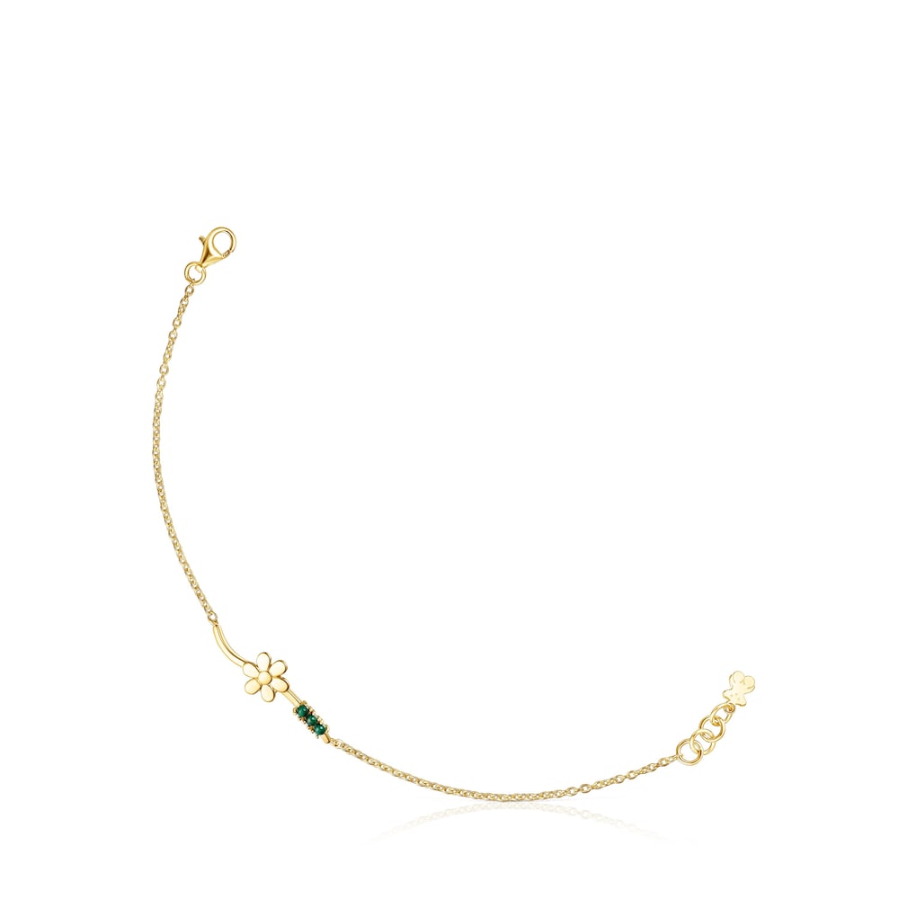 Pulsera Fragile Nature flor con ba&ntilde;o de oro 18 kt sobre plata y malaquita