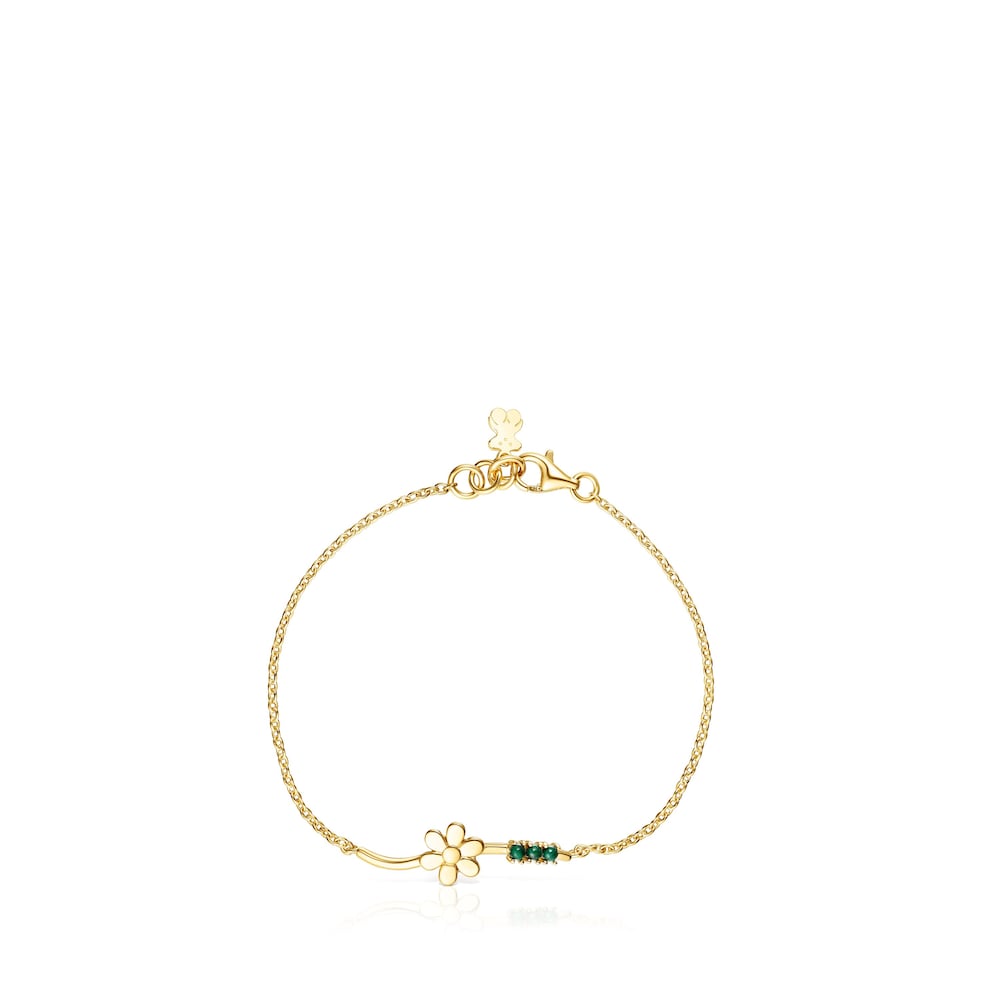 Pulsera Fragile Nature flor con ba&ntilde;o de oro 18 kt sobre plata y malaquita