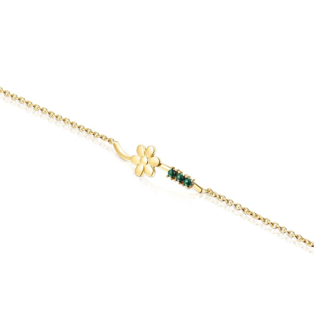 Pulsera Fragile Nature flor con ba&ntilde;o de oro 18 kt sobre plata y malaquita