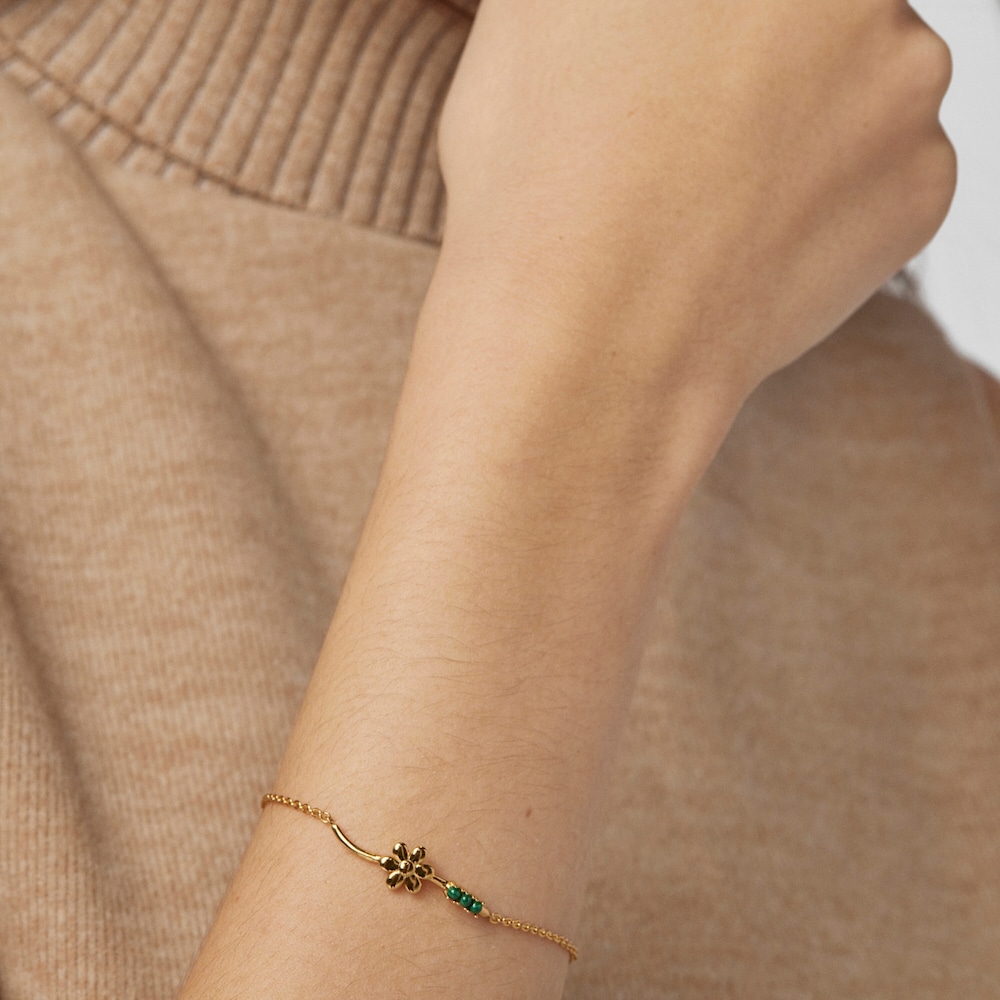 Pulsera Fragile Nature flor con ba&ntilde;o de oro 18 kt sobre plata y malaquita