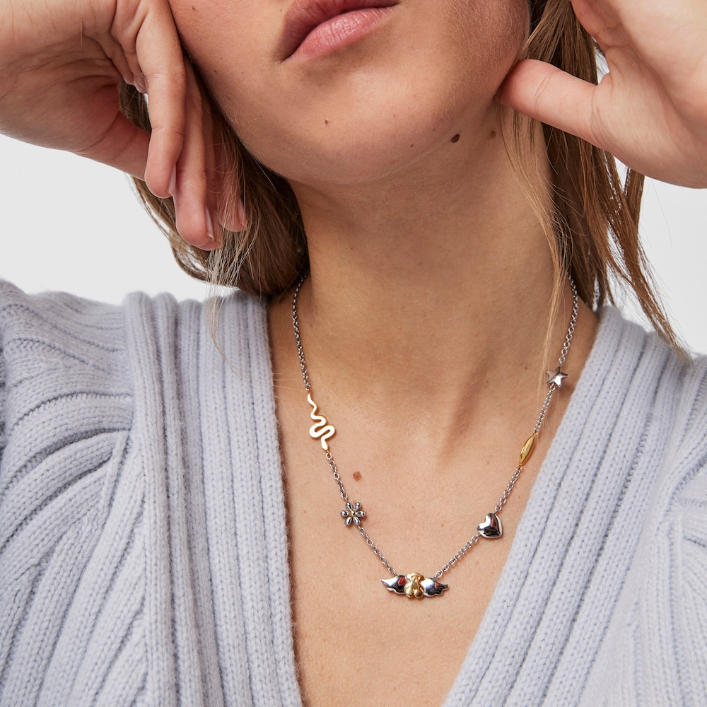 Gold colored IP Steel Fragile Nature charms-bear Necklace image number 3