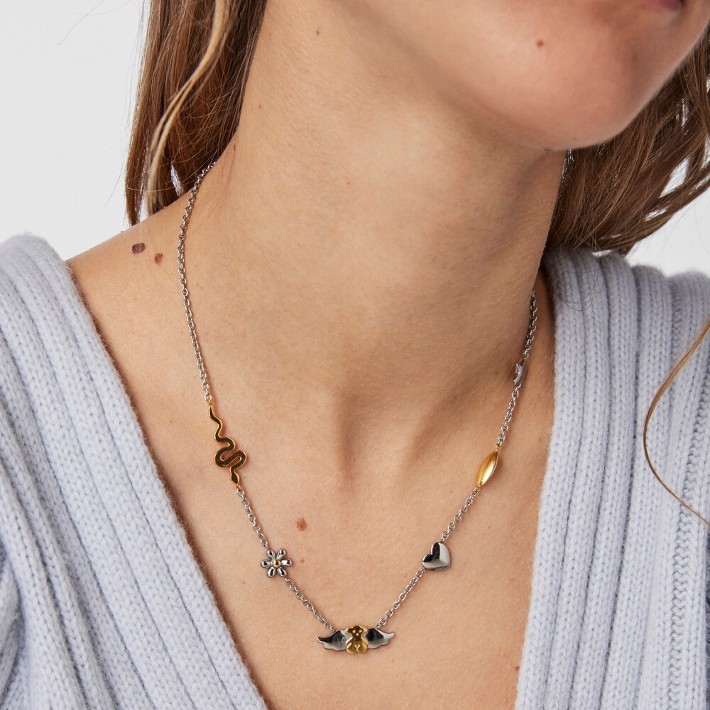 Gold colored IP Steel Fragile Nature charms-bear Necklace