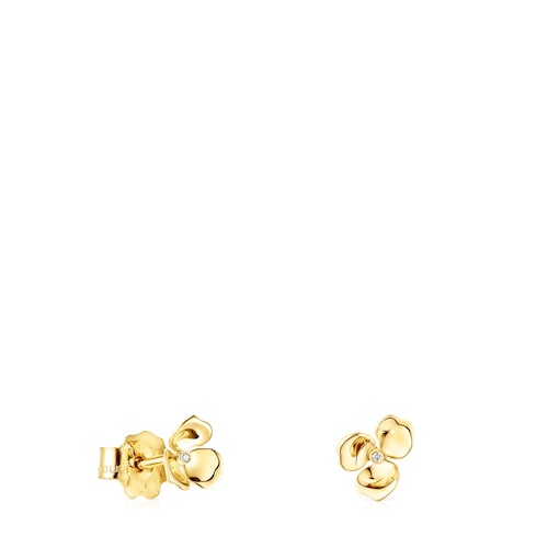 Gold Fragile Nature flower Earrings with Diamonds image number 0