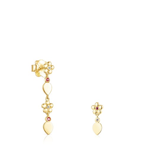 Short-long Gold Fragile Nature Earrings with Diamonds and Ruby image number 0