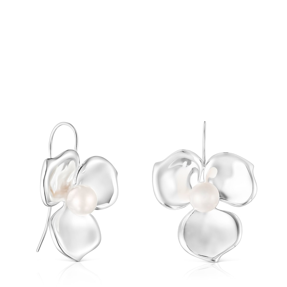 Pendientes grandes flor de plata y perla Fragile Nature image number 0