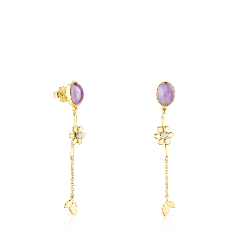 Lange Ohrringe Fragile Nature aus Vermeil-Silber mit Edelsteinen