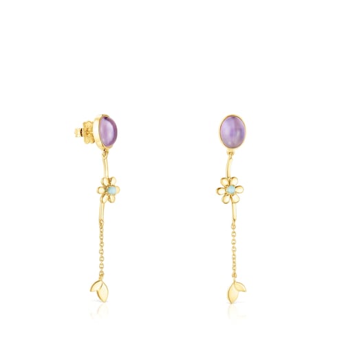 Lange Ohrringe Fragile Nature aus Vermeil-Silber mit Edelsteinen