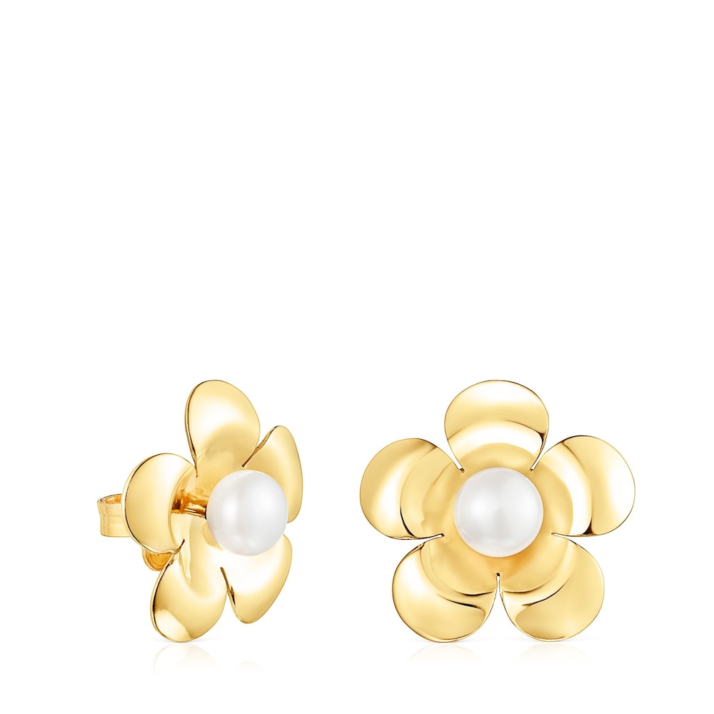 Aretes Fragile Nature flor con ba&ntilde;o de oro 18 kt sobre plata y perla