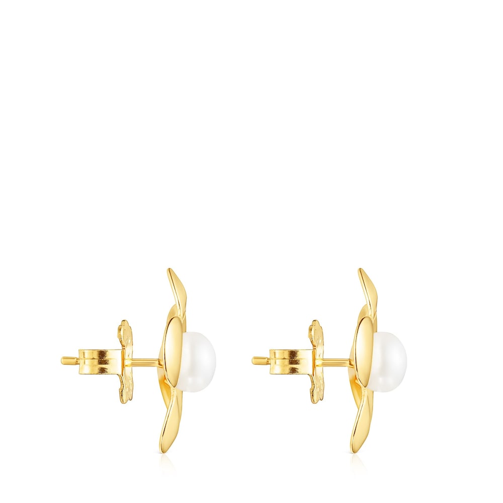 Aretes Fragile Nature flor con ba&ntilde;o de oro 18 kt sobre plata y perla