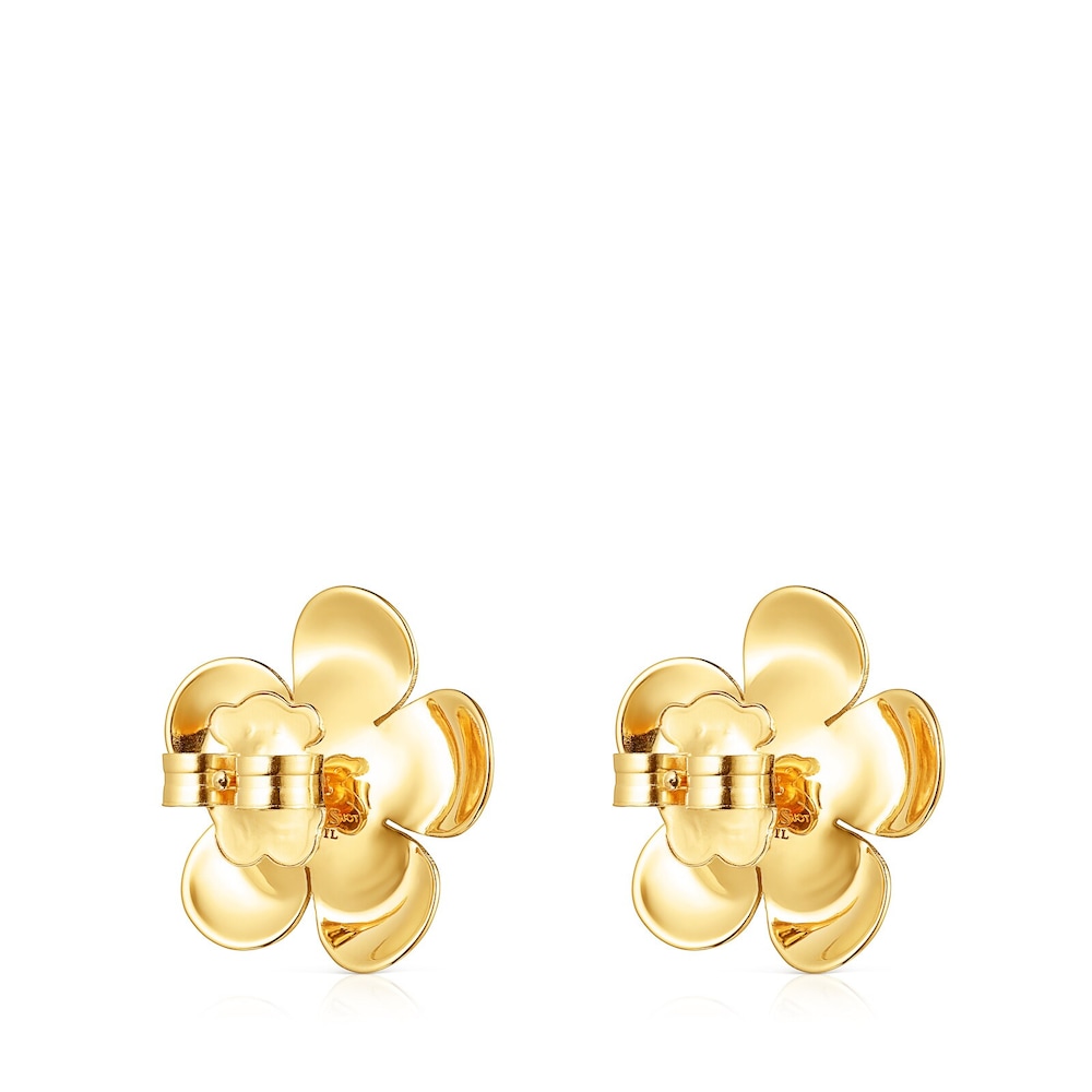 Aretes Fragile Nature flor con ba&ntilde;o de oro 18 kt sobre plata y perla