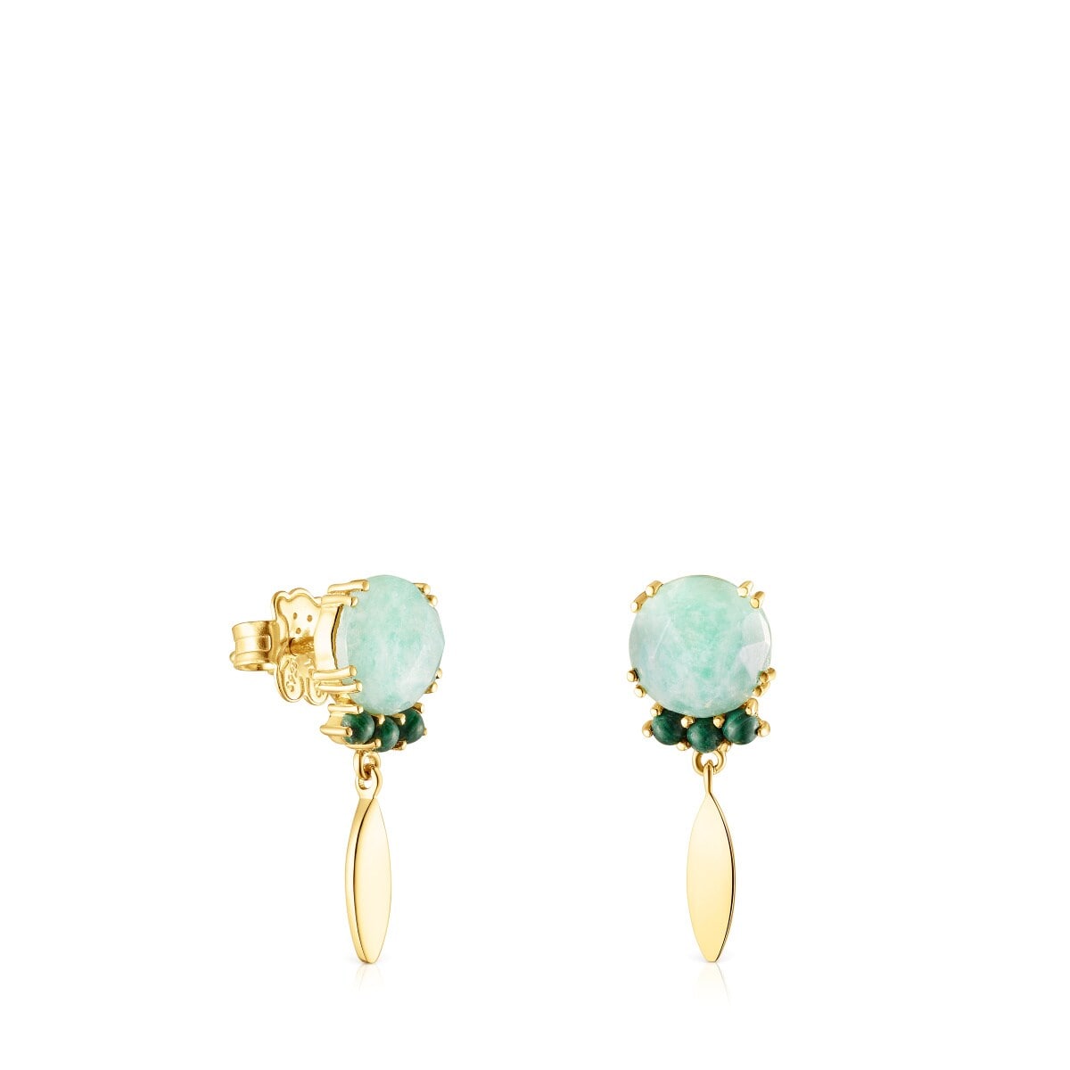 Pendientes con baño de oro 18 kt sobre plata, amazonita y malaquitas Fragile Nature