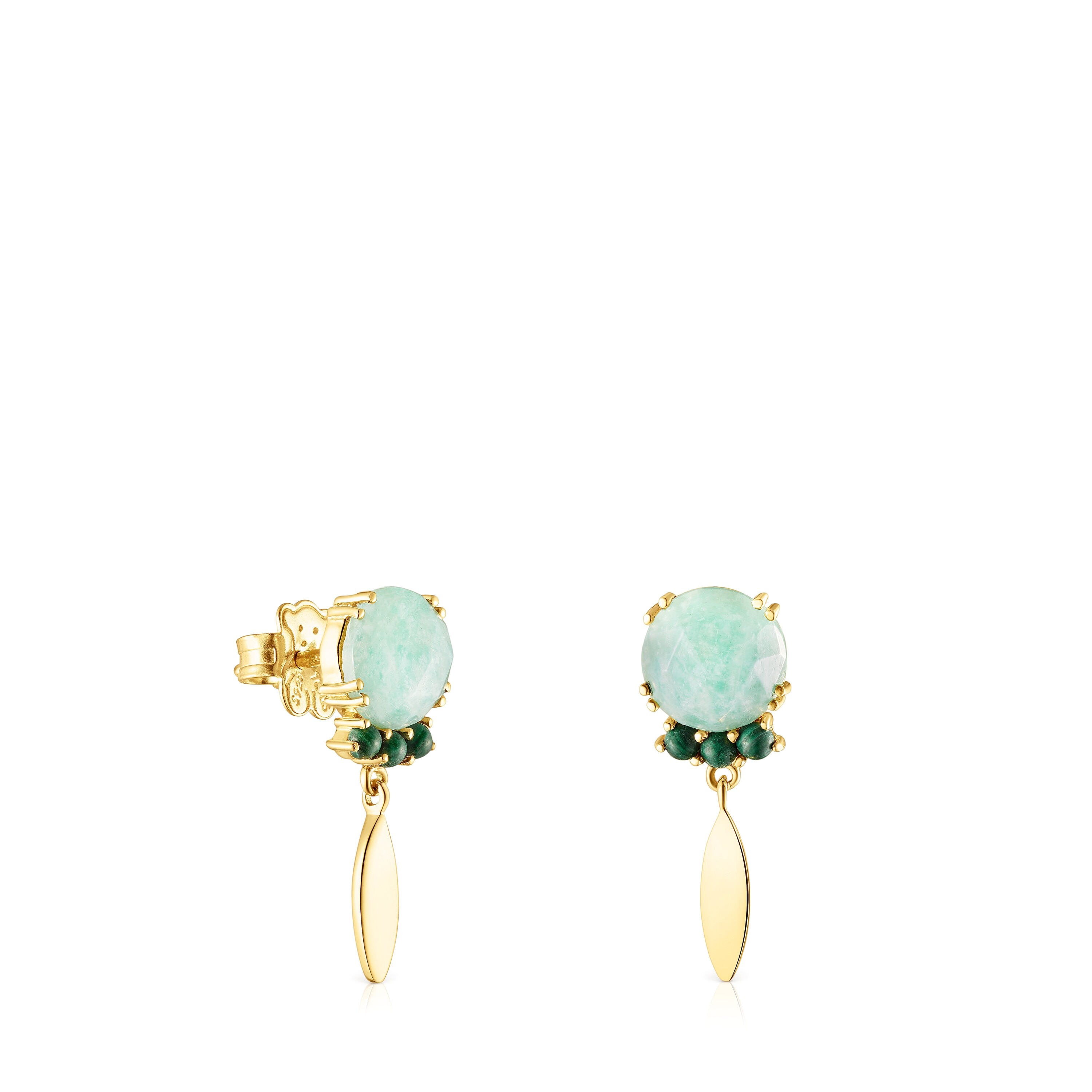 Pendientes con baño de oro 18 kt sobre plata, amazonita y malaquitas Fragile Nature