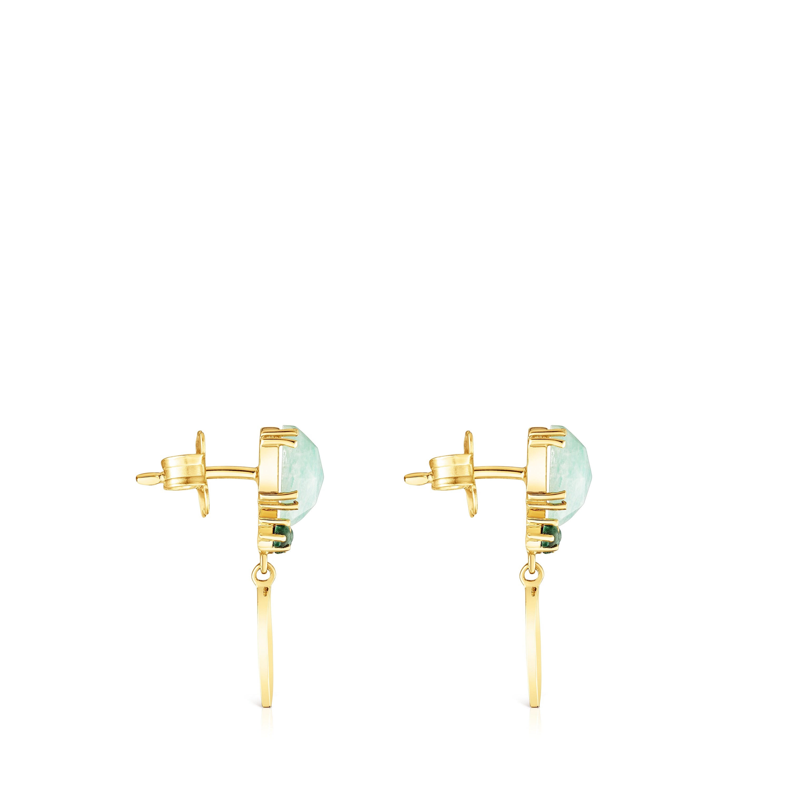 Pendientes con baño de oro 18 kt sobre plata, amazonita y malaquitas Fragile Nature